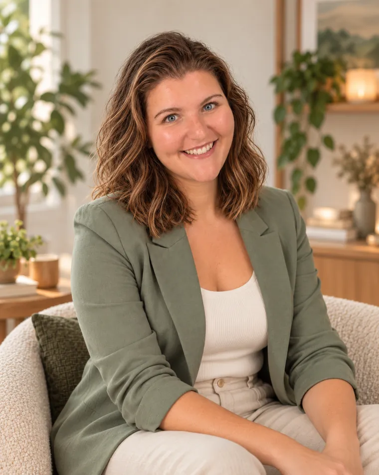 Coraline Bourdageau, accompagnement individuel en visio, souriante dans un fauteuil
